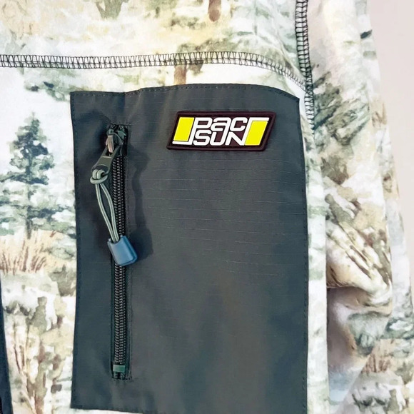 Pacsun Mens Green White Full Zip Jacket Medium Scenic Polar Fleece Forest Trees - Picture 6 of 13